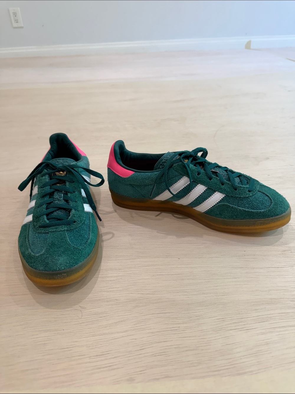 adidas gazelle - Green Suede Sneakers with Pink Heel Accents